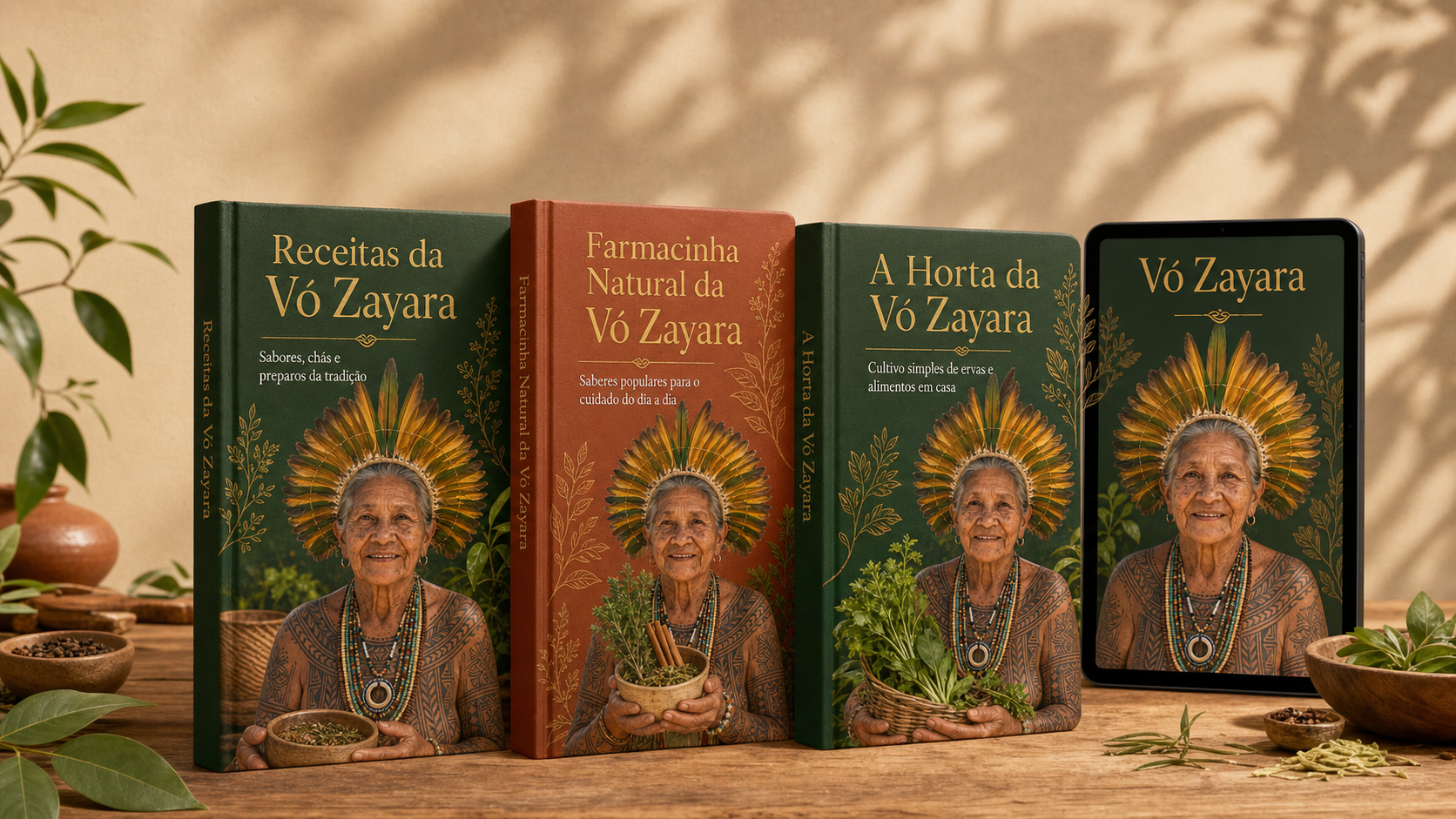 Coleção digital Vó Zayara com três livros: Receitas, Farmacinha Natural e Horta